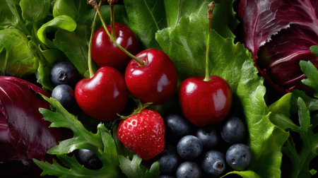 A close-up view of fresh cherries, strawberries, and blueberries nestling together with vibrant greens. Ideal imagery for healthy eating and organic lifestyle themes.の素材