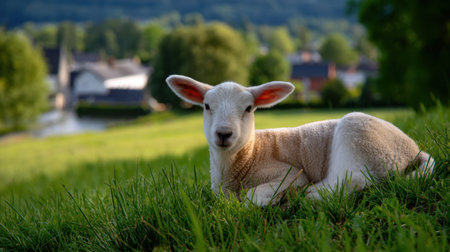 This charming image features a young lamb peacefully resting on vibrant green grass, set against a tranquil background of a river and trees.の素材