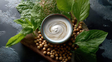 A visually appealing image showcasing creamy soybean yogurt in a bowl, surrounded by fresh greens and dried soybeans on a dark surface. Ideal for health-related themes.の素材
