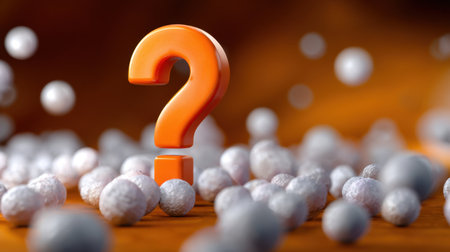 This image features a vibrant orange question mark amidst white bubbles on a wooden surface. It visually represents concepts of inquiry, curiosity, and exploration.の素材