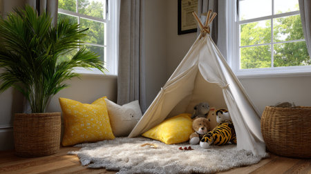 Bright and cheerful indoor play space featuring a cozy tent filled with soft toys, inviting children to explore their imagination and creativity.の素材