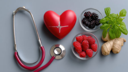 This image showcases a heart symbol alongside healthy foods like berries and ginger, representing the importance of nutrition in heart care and wellness.の素材