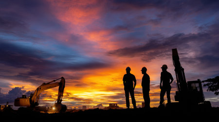 Silhouetted workers stand at a construction site during a stunning sunset, showcasing the vibrant colors of the sky and machinery.の素材