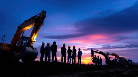 A striking silhouette of construction workers and heavy machinery against a vibrant sunset sky, capturing the essence of hard work and teamwork in industry.の素材