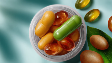Closeup of various nutritional supplements displayed in a round container with natural leaves, highlighting the importance of health and wellness in daily routines.の素材