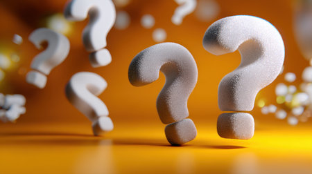 This vibrant image features floating question marks against an orange backdrop, symbolizing curiosity and inquiry. Ideal for creative and conceptual projects, this design evokes thoughts around uncertainty and exploration.の素材