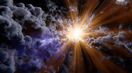 This captivating image showcases a powerful burst of lightning illuminating dark clouds, creating a dramatic celestial scene filled with energy and intensity.の素材