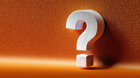 This image features a striking question mark symbol against a textured orange background. The soft shadows and lighting enhance the visual impact, inviting curiosity.の素材
