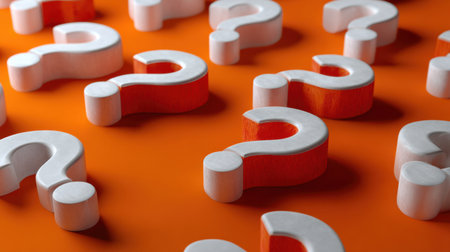 This vibrant image showcases colorful question marks scattered across a bright orange background, symbolizing inquiry, curiosity, and the quest for knowledge in modern life.の素材