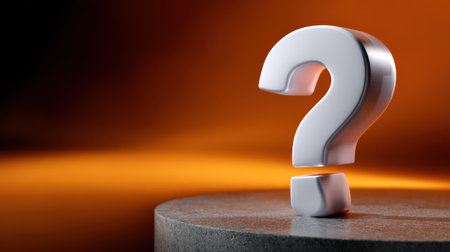 A sleek white question mark rests on a dark stone surface with an orange gradient background, symbolizing inquiry, exploration, and curiosity about the unknown.の素材