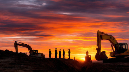 This captivating image showcases silhouettes of workers and excavators against a vibrant sunset, capturing the essence of construction and teamwork in a stunning landscape.の素材