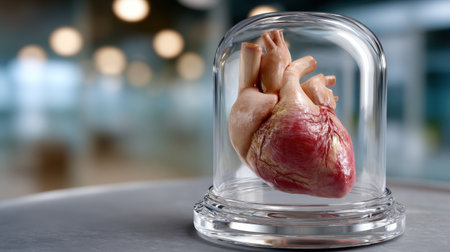 Lifelike model of a human heart displayed under a glass dome in a laboratory. Perfect for science and medical education visuals, highlighting human anatomy.の素材