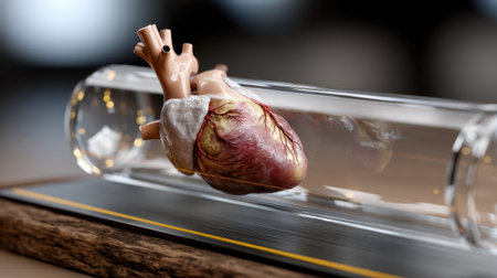 A stunning 3D visualization of a human heart displayed within a glass case, showcasing intricate anatomical details perfect for educational and artistic purposes.の素材