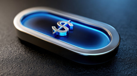 This vibrant 3D render features a glowing blue button with a dollar sign, ideal for creatives in finance and technology sectors. The modern design captures attention.の素材