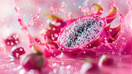 A stunning close-up of dragon fruit with vibrant colors, splashing water, and assorted berries. Perfect for promoting healthy eating and tropical themes.の素材