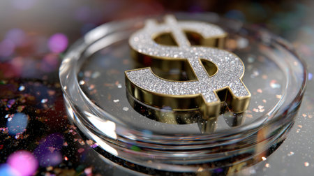 This dynamic image showcases a glittering dollar sign resting on a glass plate, surrounded by colorful bokeh effects, exuding luxury and wealth vibes.の素材