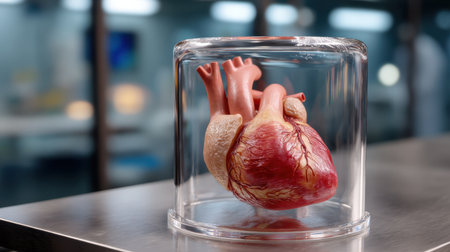 Detailed anatomical model of a human heart encased in a glass display, ideal for medical education and anatomical study, showcasing intricate structures.の素材