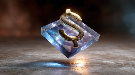 A stunning 3D visualization featuring a floating dollar sign set within a beautifully faceted gemstone. The design captures wealth and luxury through shimmering light and vibrant colors.の素材