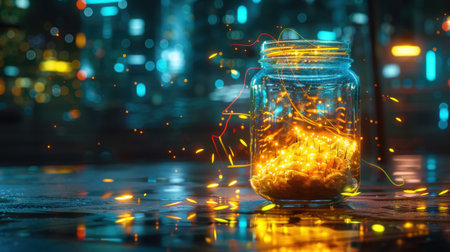 A captivating jar filled with warm, glowing light and sparkling effects set against a vibrant urban night backdrop. The image radiates tranquility and creativity, drawing attention to the interplay of illumination and the city's ambiance.の素材