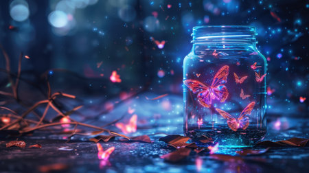 A mesmerizing image of glowing butterflies trapped in a jar, surrounded by sparkling light, within a tranquil forest. Experience the magic and wonder.の素材