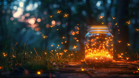 A captivating image of a jar filled with glowing fireflies, creating a magical atmosphere in a serene natural setting during dusk.の素材