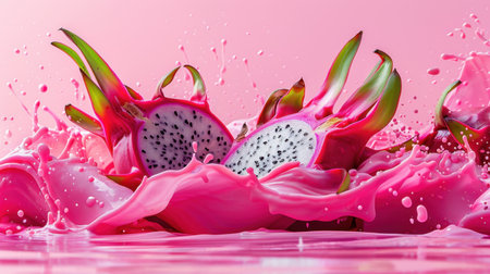 This captivating image showcases vibrant dragon fruit being sliced, creating a stunning splash of pink liquid, ideal for food-themed projects and promotions.の素材