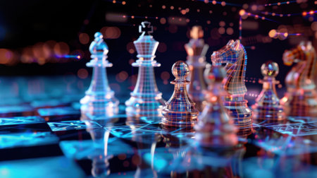 This artistic representation of a chess game features transparent pieces atop a futuristic board, illuminated with vibrant lights, highlighting intellectual strategy.の素材