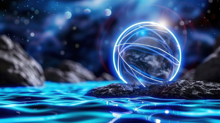 A captivating cosmic sphere with glowing lines rests on a tranquil water surface. Ethereal light effects create a mesmerizing atmosphere, enhancing the beauty of the night scene.の素材