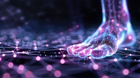 This image portrays a futuristic digital foot, showcasing a vibrant network of lights and abstract designs. Ideal for technology and health concepts.の素材