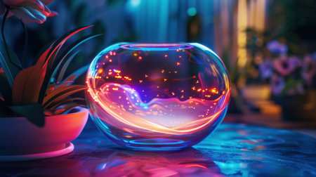 A beautifully crafted glass bowl filled with shimmering light and bright colors, surrounded by decorative plants, creating a serene and cozy atmosphere.の素材