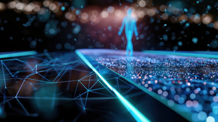 This captivating digital artwork illustrates a lone figure walking on a shimmering path, surrounded by sparkling particles and glowing connectivity lines, evoking a sense of technological exploration.の素材