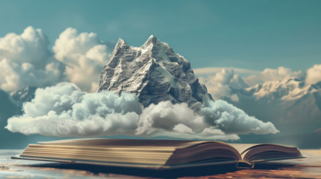 A captivating scene featuring a majestic mountain rising from an open book, surrounded by fluffy clouds. This image evokes themes of exploration and creativity.の素材