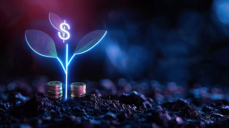 This innovative image represents the concept of growth and investment, showcasing a digital plant symbolizing wealth sprouting from coins in a dark, abstract setting.の素材