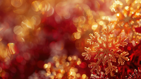 A close-up view of a stunning glittering snowflake set against a warm bokeh background, perfect for capturing the magic of the holiday season.の素材