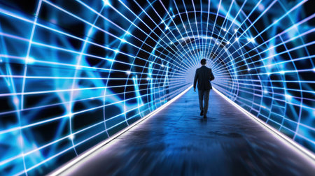 A silhouette of a businessman walking through a futuristic digital tunnel filled with blue lights and abstract lines, symbolizing innovation and progress.の素材