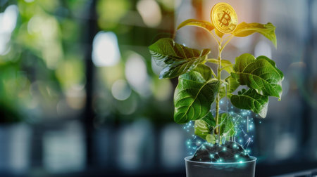 This captivating image illustrates the concept of cryptocurrency growth, featuring a plant with Bitcoin symbolizing the intersection of nature and digital finance.の素材