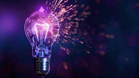 This captivating image showcases a glowing light bulb emitting bright sparks against a dark background. It symbolizes creativity and inspiration, perfect for artistic projects.の素材