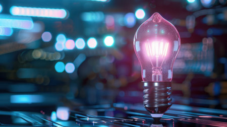 A captivating vintage light bulb emits a warm glow amid a vibrant, futuristic background featuring soft bokeh effects and dazzling colors.の素材