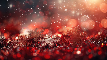 This enchanting image features sparkling red decorations and delicate snowflakes, perfect for evoking a festive atmosphere during the holiday season.の素材