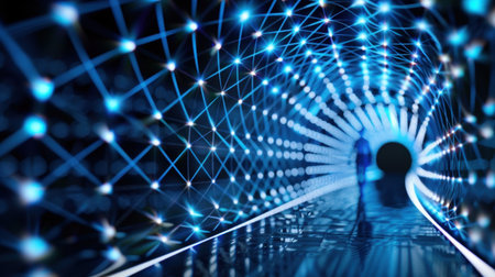 An abstract visualization of a glowing tunnel filled with neon lights and a silhouette figure walking towards a bright exit, symbolizing journey and exploration.の素材