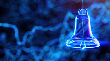 This captivating image features a blue neon bell hanging delicately, set against an abstract background filled with bright glowing lights. Perfect for festive themes.の素材