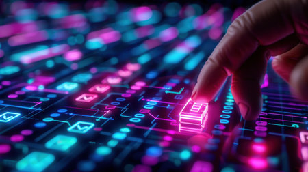 A close-up image showcasing a human hand gently pressing a vibrant, neon-colored element on a digital interface, representing modern technology and data interaction.の素材