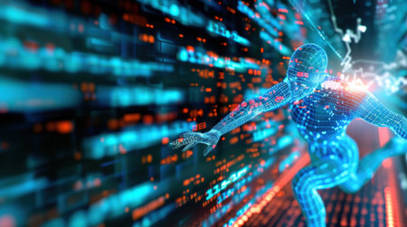 This striking image features a digital runner crafted in a futuristic style, representing speed and innovation amidst a vibrant cyber landscape filled with data visualizations.の素材