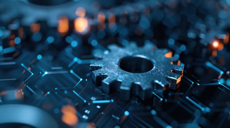 A striking close-up image of a metallic gear featuring glowing highlights against a technology-inspired background, showcasing intricate details and textures.の素材