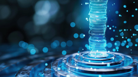 This captivating digital artwork presents an abstract representation of energy waves in a blue tone, featuring bright particles that create a mesmerizing effect.の素材