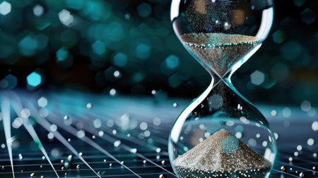 A captivating hourglass filled with golden sand flowing through the narrow middle, representing the passage of time, set against a dreamy bokeh background.の素材