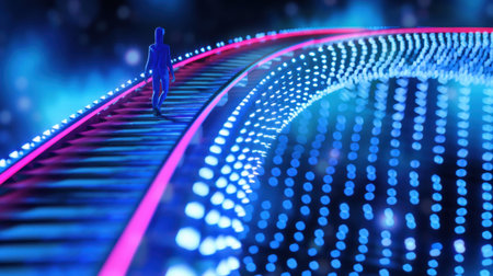 A mesmerizing futuristic setting featuring a glowing pathway and a silhouette walking through an abstract, illuminated landscape filled with vibrant lights.の素材