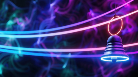 This stunning image features a neon bell suspended against a vibrant, abstract background. Colorful light waves create an energetic atmosphere, perfect for festive themes.の素材