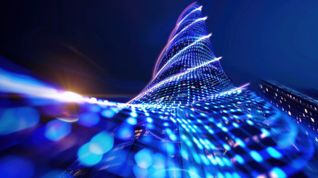 A captivating composition featuring blue light trails that create dynamic patterns against a dark cityscape, evoking a sense of energy and modernity.の素材