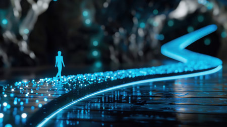 A captivating scene depicting a glowing pathway winding through a dark cave, featuring a silhouette figure exploring this enchanting, surreal environment.の素材